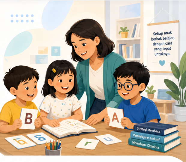 Guru mendampingi tiga anak belajar membaca di meja kelas
